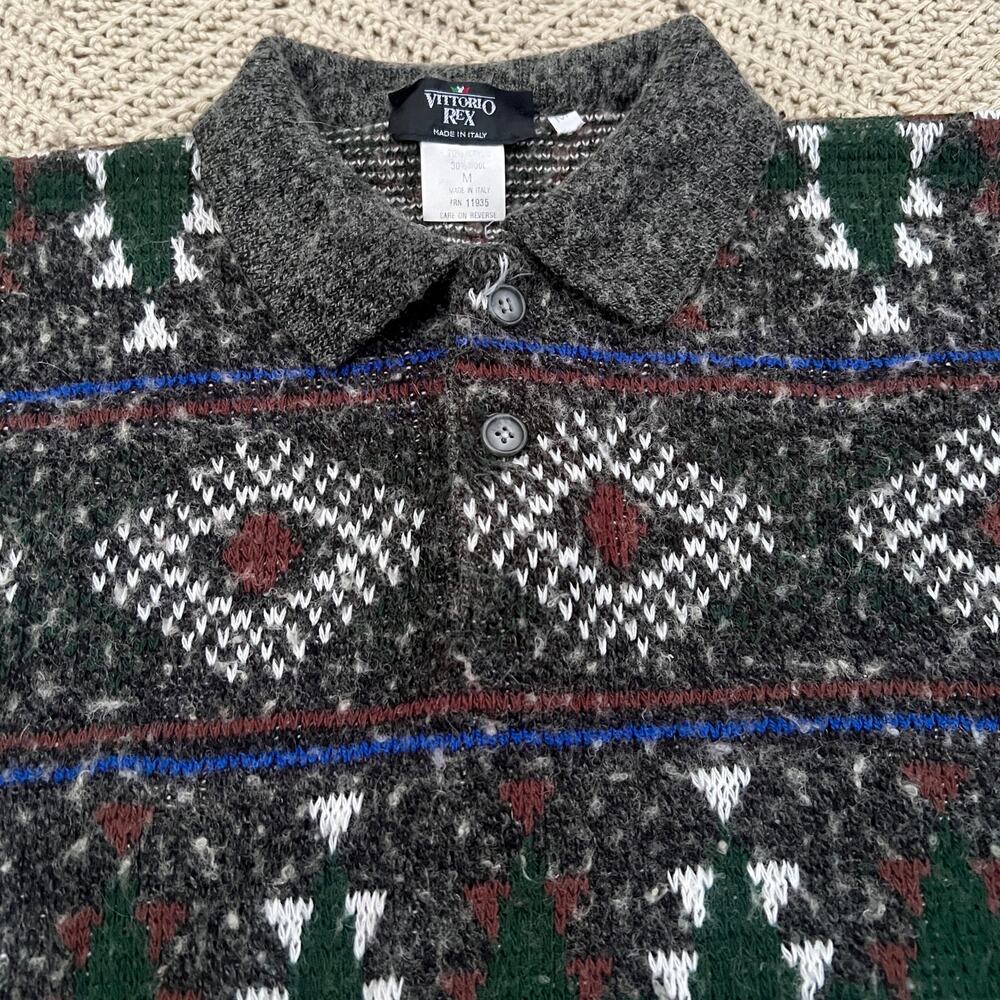 Vintage 90s Italian Diamond Pattern‎ Grandpa Sweater Wool Blend - Size Medium - Picture 3 of 5